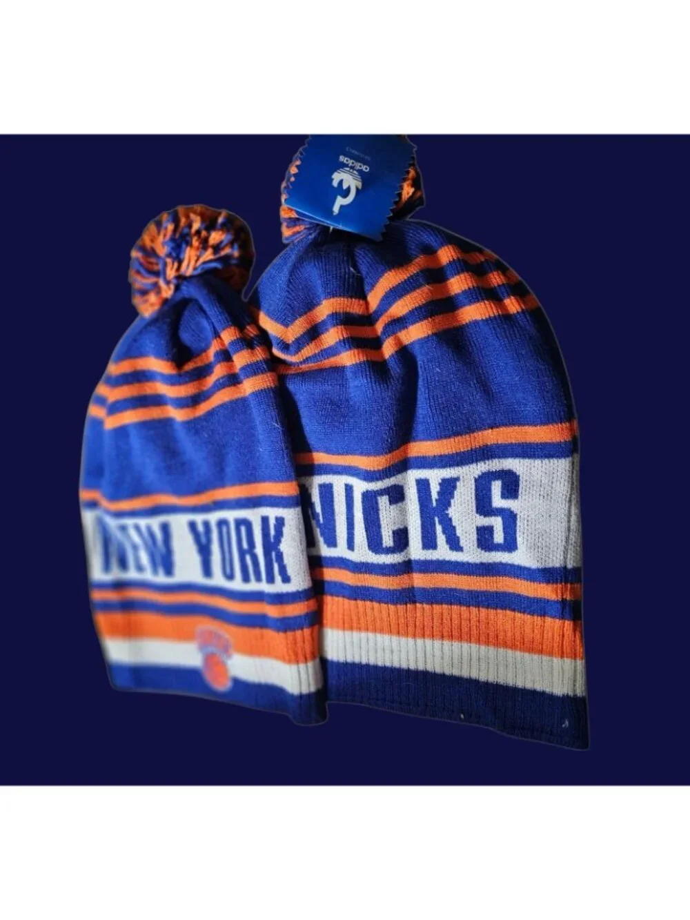 New York Knicks Knit Beanie Hat Cap Long Style Blue,White,Orange W/Pom NBA New